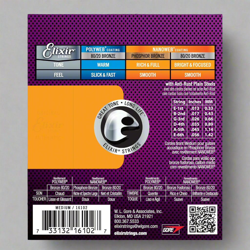 Elixir Phosphor Bronze Nanoweb Guitar Strings, Medium, 13-56