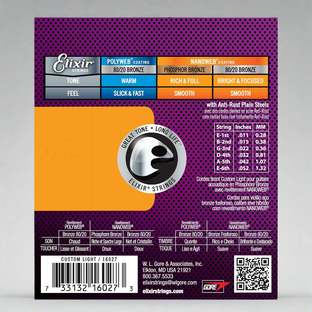 Elixir guitar string set packaging with product details on a textured surface