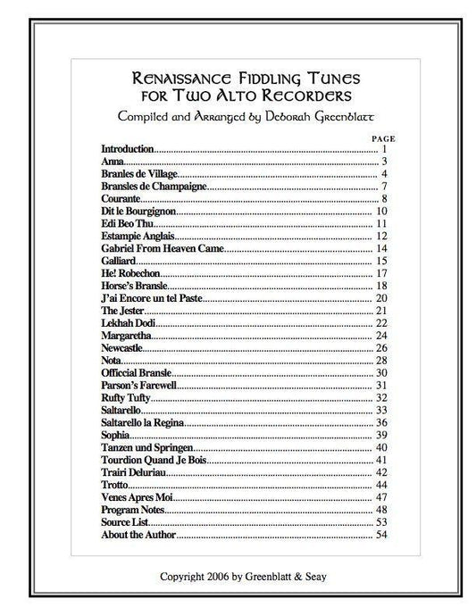 Renaissance Fiddling Tunes for Two Alto Recorders Media Greenblatt & Seay