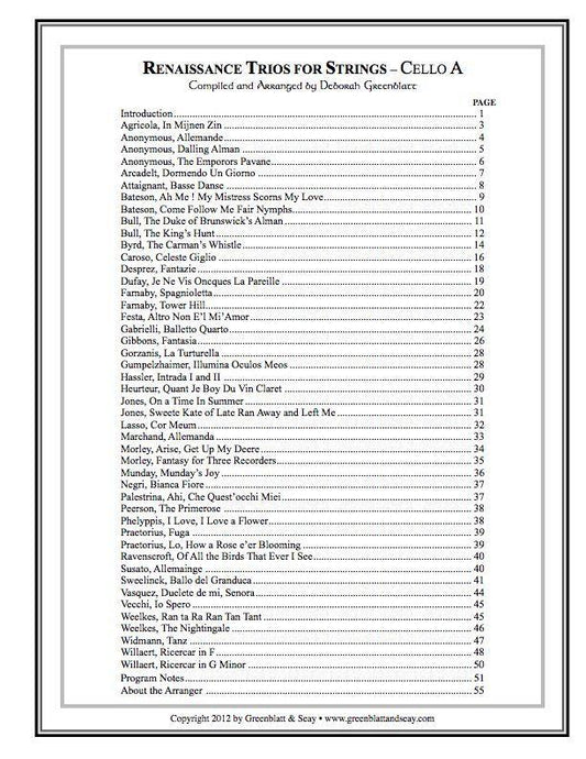 Renaissance Trios for Strings - Cello A Media Greenblatt & Seay