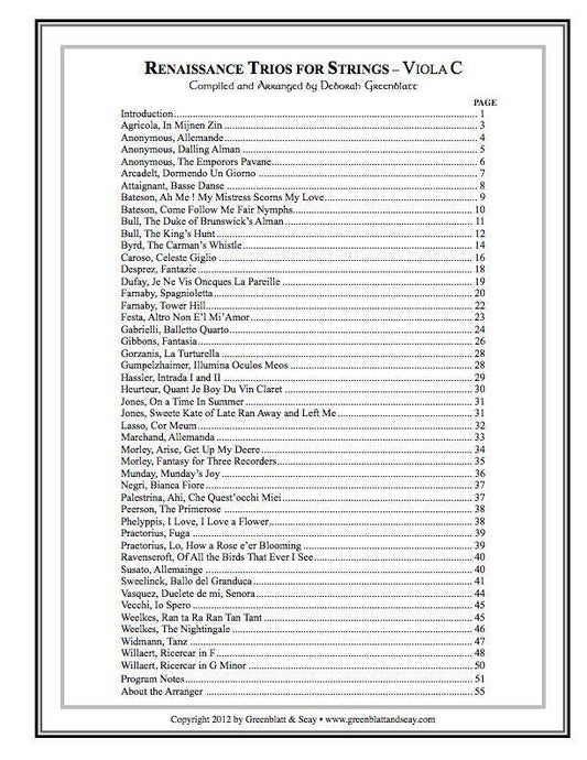 Renaissance Trios for Strings - Viola C Media Greenblatt & Seay