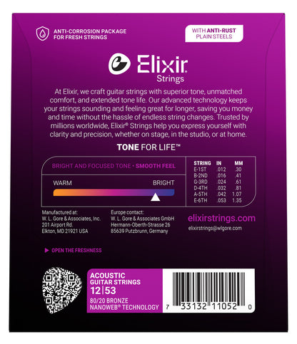 Elixir 80/20 Bronze Nanoweb Guitar Strings, Light, 12-53