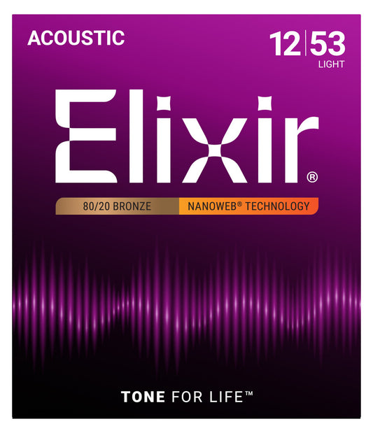 Elixir 80/20 Bronze Nanoweb Guitar Strings, Light, 12-53