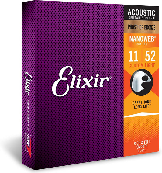 Elixir Phosphor Bronze Nanoweb Guitar Strings, Custom Light, 11-52