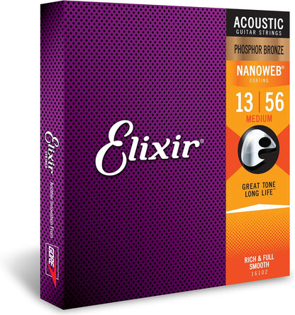 Elixir Phosphor Bronze Nanoweb Guitar Strings, Medium, 13-56