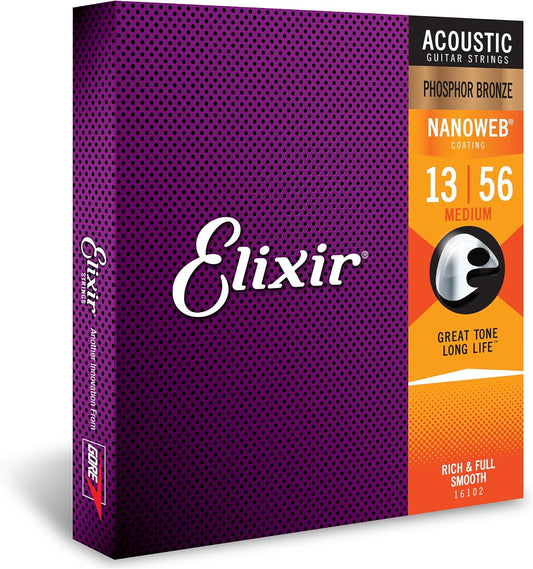 Elixir Phosphor Bronze Nanoweb Guitar Strings, Medium, 13-56